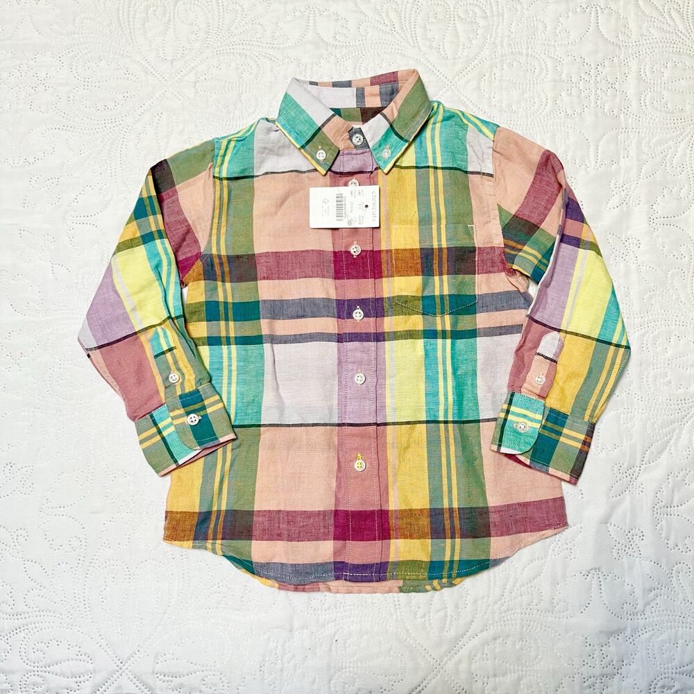 NWT Crewcuts Madras Plaid Linen Blend Dress Shirt Size 2 - Picture 2 of 7